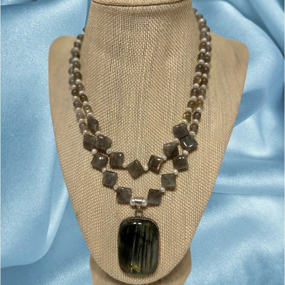 Two Strands Labradorite And Pearl, With Large Labradorite Pendant - Picture 1 of 5